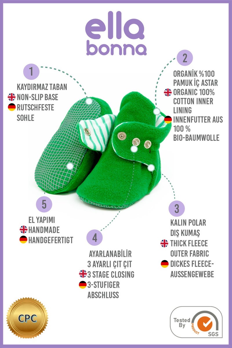 Ella Bonna Polar Baby Slippers, Non-Slip Sole, Organic Cotton Lined, First Step Home Slippers, Green  - Image 4