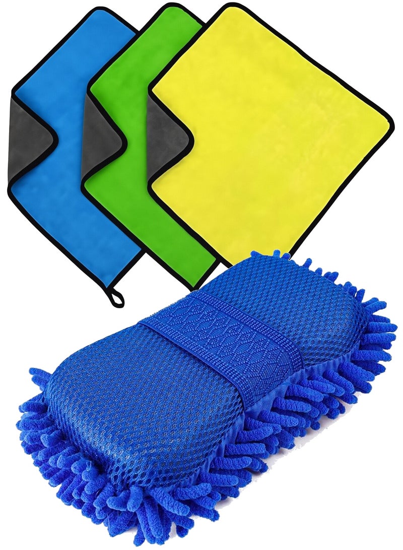 Car Towel Microfiber Cleaning Cloth, 3 Towel with 1 sponges(Pack of 4) - Multipurpose Car Towels or Microfiber Car Drying Towel for Washing, Drying, Dusting and Cleaning (40 x 30 cm) - Image 1