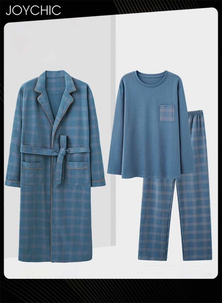 Joychic 3-piece Classic Solid Pattern Pajamas for Men Autumn and Winter Casual Pure Cotton Long-sleeved Pullover Sleepwear+Sleep Robe+Trouser Suit Windproof Warm Youth Bedroom Loungewear Blue - Image 1