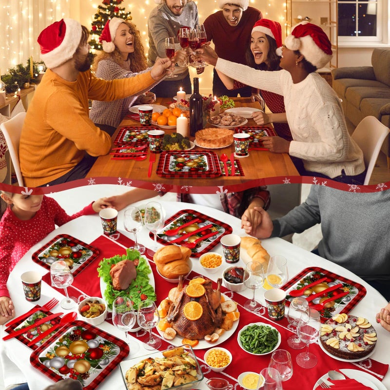Suttmin 350 Pcs Paper Plates and Napkins Set Disposable Dinnerware Party Supplies Tableware Serve 50 Guest Cups Knife Forks Spoon(Red Christmas Tree) - Image 2