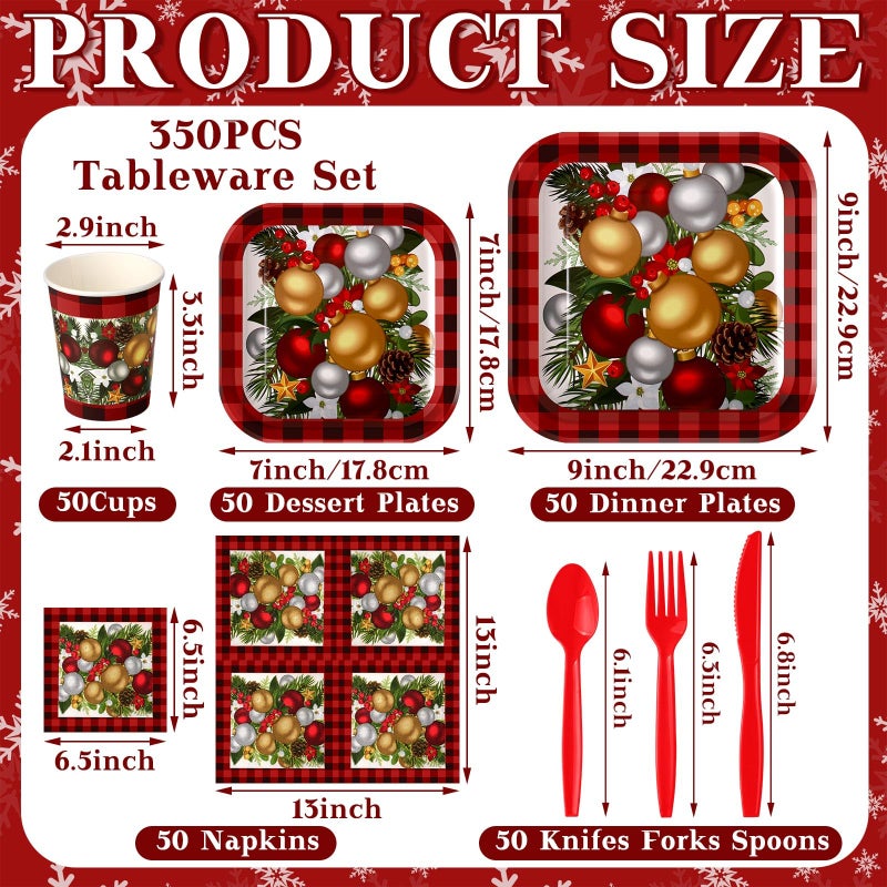 Suttmin 350 Pcs Paper Plates and Napkins Set Disposable Dinnerware Party Supplies Tableware Serve 50 Guest Cups Knife Forks Spoon(Red Christmas Tree) - Image 3