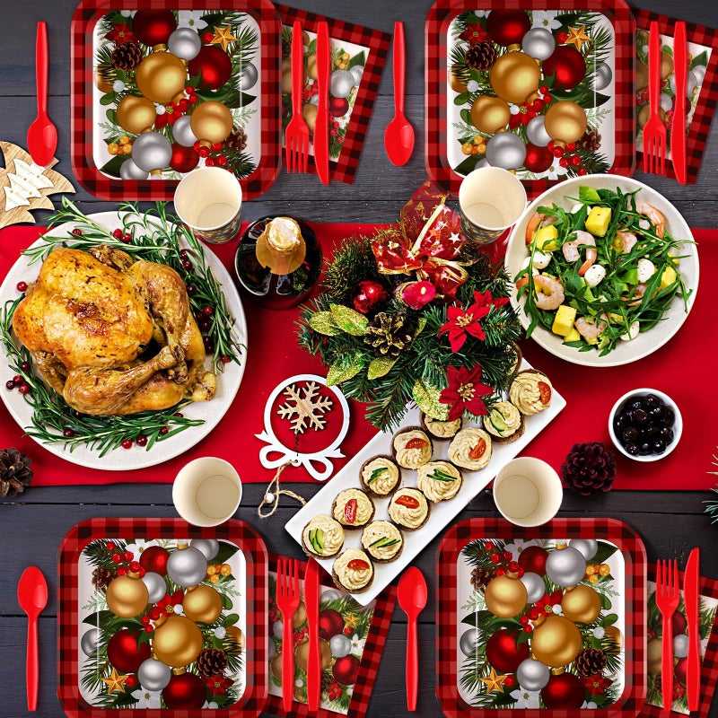 Suttmin 350 Pcs Paper Plates and Napkins Set Disposable Dinnerware Party Supplies Tableware Serve 50 Guest Cups Knife Forks Spoon(Red Christmas Tree) - Image 4