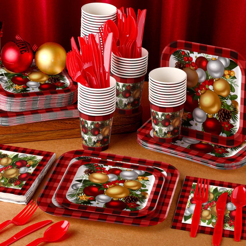 Suttmin 350 Pcs Paper Plates and Napkins Set Disposable Dinnerware Party Supplies Tableware Serve 50 Guest Cups Knife Forks Spoon(Red Christmas Tree) - Image 1