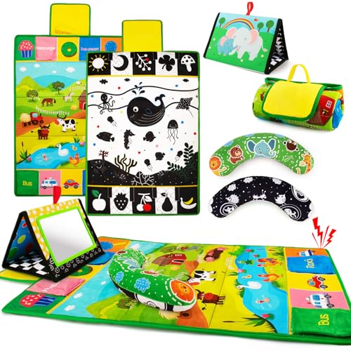 Inbeby Tummy Time Mirror Play Mat Pillow 3in1 High Contrast Black and White Baby Toys Activity Mat for Early Education Newborn Infant Tummy Time Toy Set for 0 3 6 12 Month CrinkleSqueake - Image 1