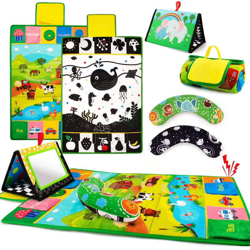 Inbeby Tummy Time Mirror Play Mat Pillow 3in1 High Contrast Black and White Baby Toys Activity Mat for Early Education Newborn Infant Tummy Time Toy Set for 0 3 6 12 Month CrinkleSqueake - Image 4