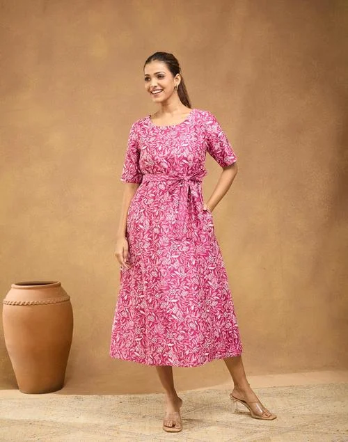 Fabindia Pink Cotton Silk Printed Midi Dress