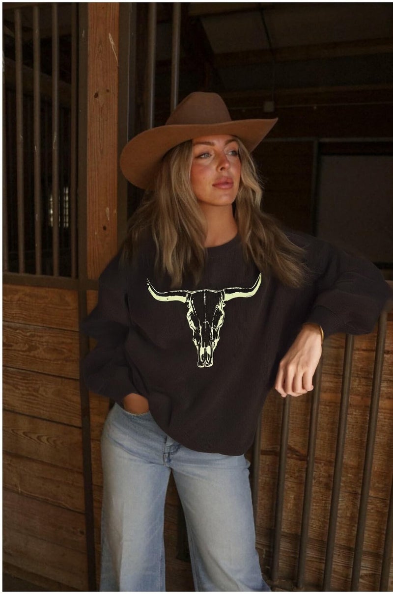 UNIQUEONE Boho Cow Skull Sweatshirt Women Cowgirl Shirt Rodeo Western Country Concert Outfits Nashville Graphic Pullover Tops - Image 5
