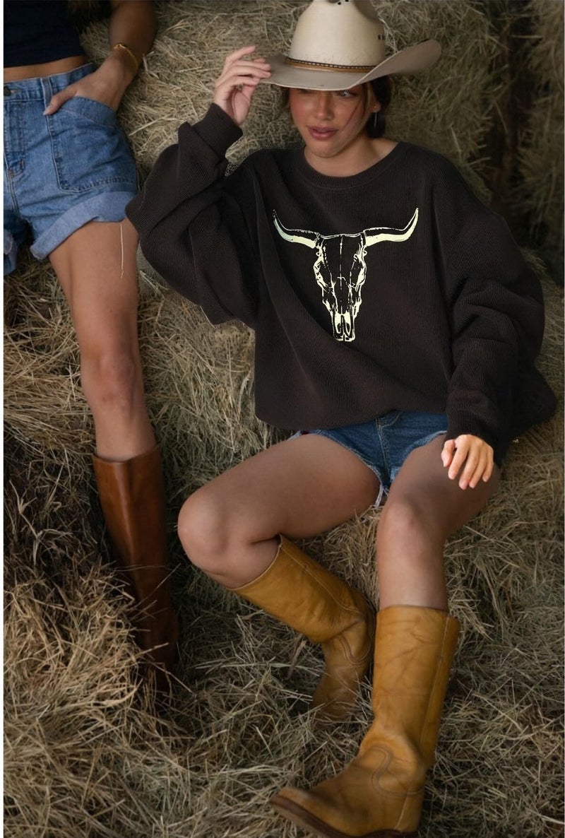 UNIQUEONE Boho Cow Skull Sweatshirt Women Cowgirl Shirt Rodeo Western Country Concert Outfits Nashville Graphic Pullover Tops - Image 4