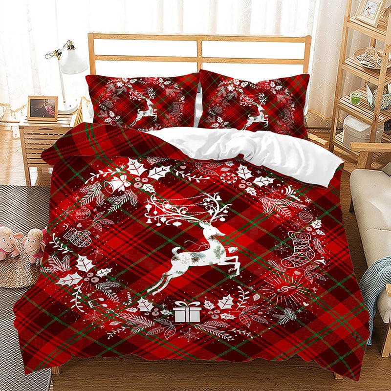 Christmas Plaid 3D Digital Printing Bed Three-Piece Set Export Quilt Set - Image 1