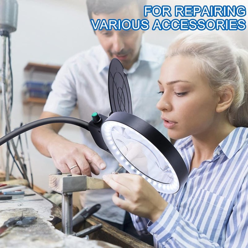 كاست ويف عدسة مكبرة مع ضوء وحامل، مصباح مكتبي مكبر 10 مرات 20 مرة مع سطوع قابل للتعتيم بدون خطوات، عنق إوزة قابل للتعديل للقراءة والعمل عن قرب والهوايات - Image 4