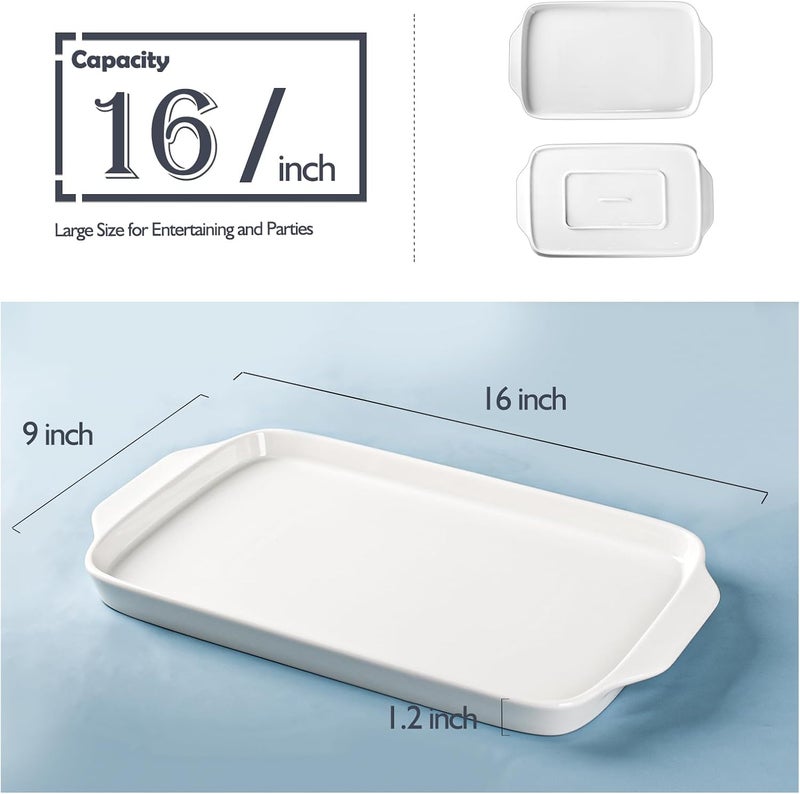 Dizada Large Serving Platter with Handles 16 x 9 Porcelain Serving Tray White Rectangular Platters for Entertaining  Serving Food Serving Trays for Party Appetizer Charcuterie  Set of 3 - Image 2