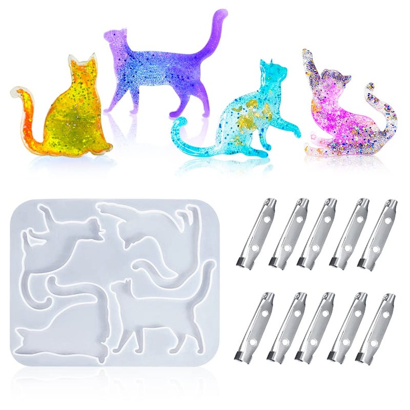 iSuperb Cat Resin Molds Cute Epoxy Molds Animal Silicone Molds with 10pcs Brooch Pin Buckle for DIY Casting Jewelry Pendant Ornaments