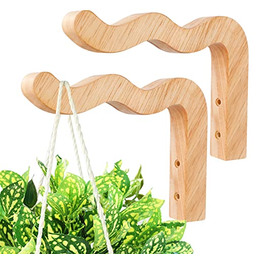 FGSAEOR Plant Hangers Outdoor, Hanging Plant Hooks for Indoors, Wave-Shaped Wooden Hanging Baskets for Wall Plant Hooks Heavy Duty for Flower Pots Wind Chimes and Bird Feeders (2-Pack, 6.8-Inch) - Image 1