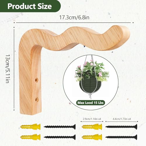 FGSAEOR Plant Hangers Outdoor, Hanging Plant Hooks for Indoors, Wave-Shaped Wooden Hanging Baskets for Wall Plant Hooks Heavy Duty for Flower Pots Wind Chimes and Bird Feeders (2-Pack, 6.8-Inch) - Image 2