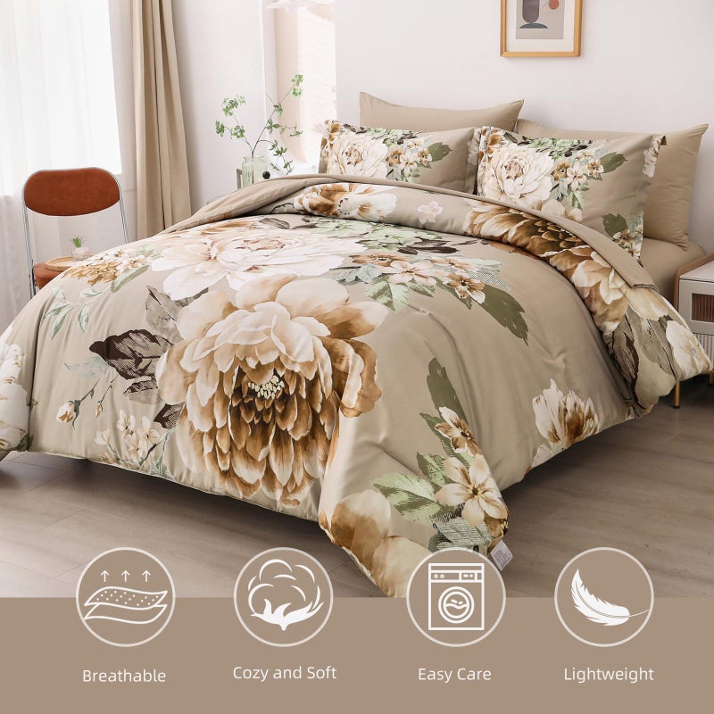 Dintszyayue Khaki Floral Comforter Set King Size 7 Pieces Bed in a Bag Elegant Flower Bedding Set for All Season with Flat Sheet, Fitted Sheet, Pillowcases & Shams - Image 3