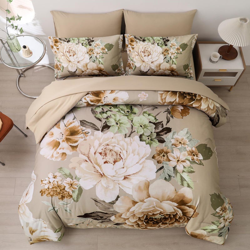 Dintszyayue Khaki Floral Comforter Set King Size 7 Pieces Bed in a Bag Elegant Flower Bedding Set for All Season with Flat Sheet, Fitted Sheet, Pillowcases & Shams - Image 2