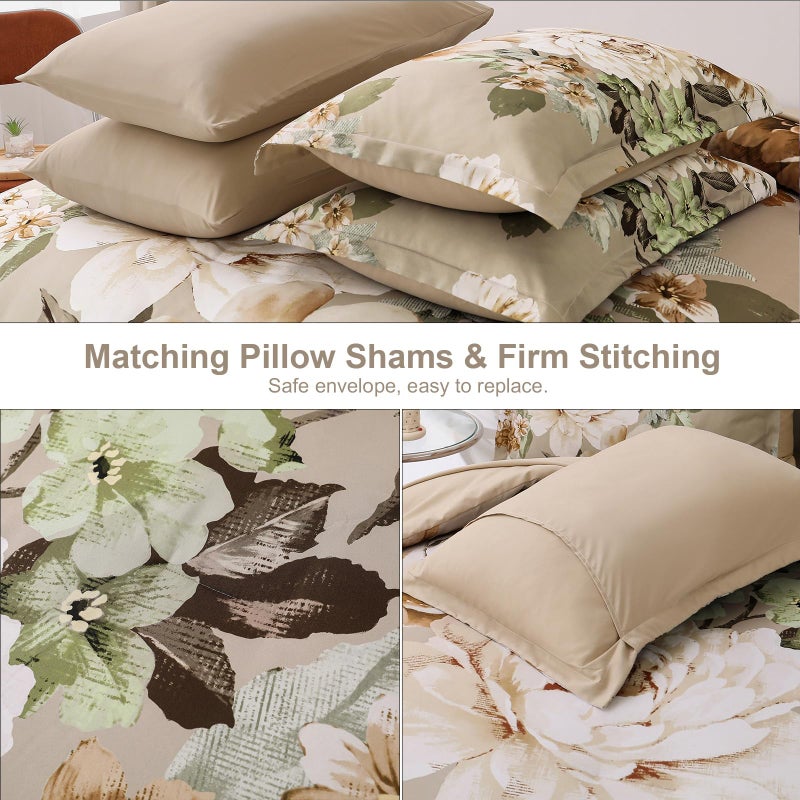 Dintszyayue Khaki Floral Comforter Set King Size 7 Pieces Bed in a Bag Elegant Flower Bedding Set for All Season with Flat Sheet, Fitted Sheet, Pillowcases & Shams - Image 5