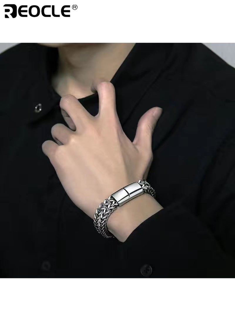 ريوكل سوار رجالي من الفولاذ المقاوم للصدأ سلسلة مربعة قابلة للانعكاس مع مشبك مغناطيسي متين أنيق مريح للارتداء مناسب للاستخدام اليومي للحفلات مناسبات غير رسمية مثالية للهدايا للرجال للرجال للبالغين - Image 3