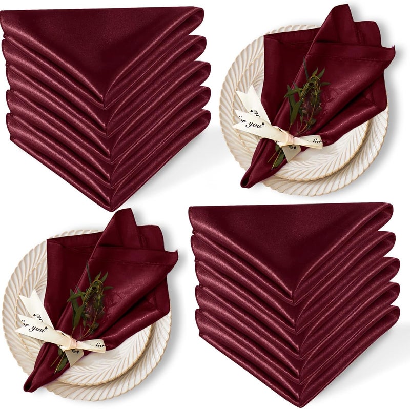 Cobedzy 12 Pack Satin Table Cloth Napkins 17x17 Inch Burgundy Silky Wedding Napkins Cloth Washable Luxury Dining Table Cloth Napkins Set for Birthday Holiday Party Dinner Restaurant - Image 1
