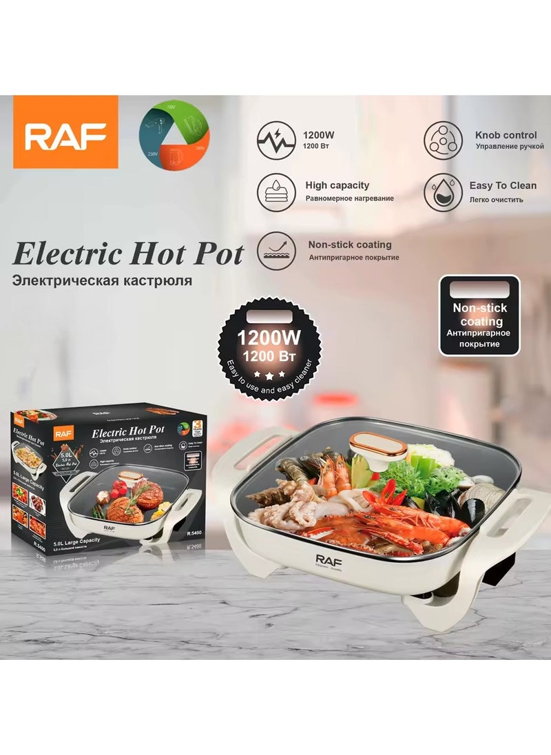 RAF - 1200W 5L Electric Hot Pot with Non-Stick Coating, Multi-Function Electric Cooking Pot for Stew, Soup, Boil, Steam, Large Capacity, Fast Heating, Easy to Clean - Image 1