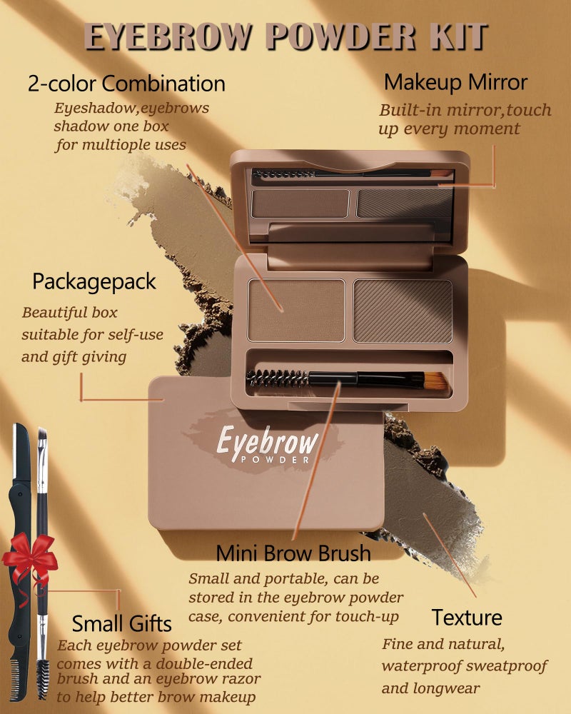 LYSdefeu Eyebrow Powder Kit-2 Colors Soft Eye Brow Tinted Powder Palette, Waterproof & Long Lasting Dark/Light Brown Brow Filler, Professional Eyebrow Contour Makeup for Women with Mirror Brow Brush & Razor-1# - Image 3