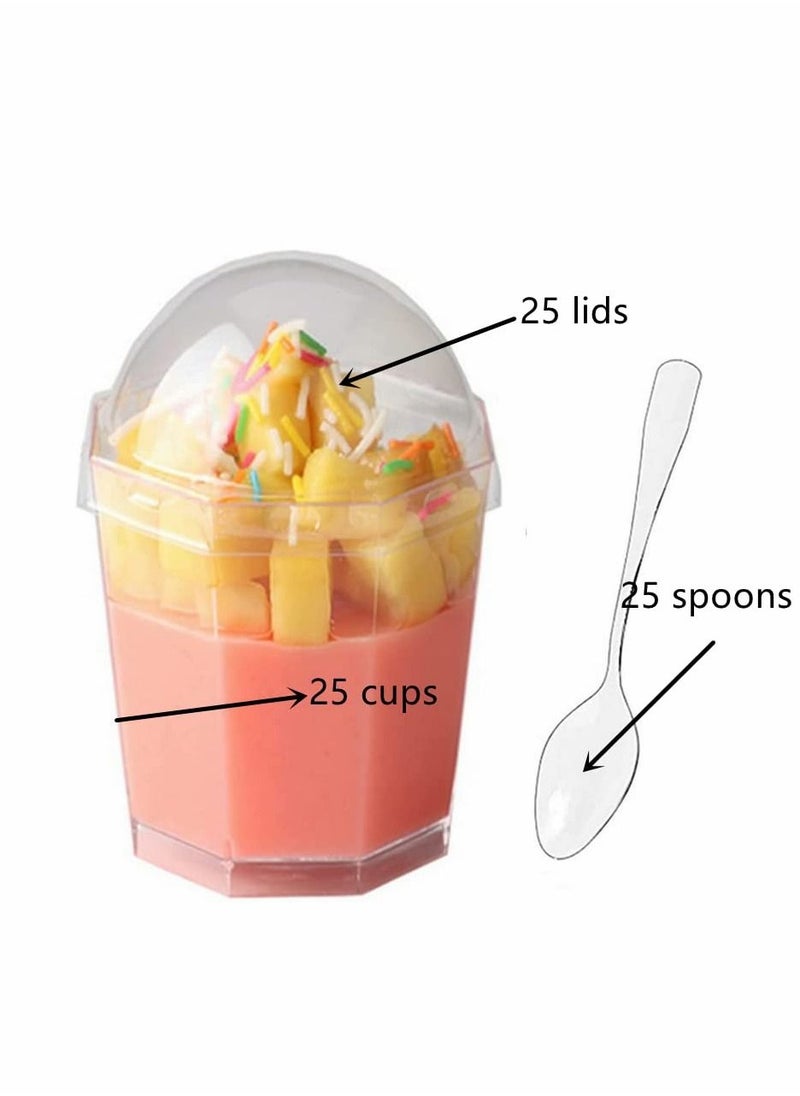 SYOSI - Dessert Cups, 25 Packs of 6-Ounce Transparent Plastic , Octagonal Mini Bowls, Reusable Appetizer Tablespoons and Lids, Cup for with Pudding Mousse - Image 1