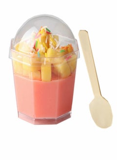 Dessert Cups, 25 Packs of 6-Ounce Transparent Plastic , Octagonal Mini Bowls, Reusable Appetizer Tablespoons and Lids, Cup for with Pudding Mousse