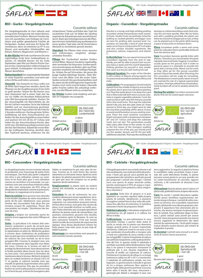 Garden in The Bag - Organic - Cucumber - Vorgebirgstraube - 15 Seeds - with Cultivation Substrate in an Easy to Handle Stand up Bag. - Cucumis sativus