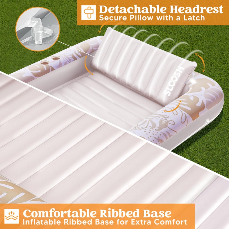Sloosh سلوش طوفة استلقاء للتسمير قابلة للنفخ، 85" × 57" طوفات مسبح كبيرة جداً للبالغين مع وسادة، 4 في 1 طوفة حوض التسمير، سرير استلقاء للتشمس في بركة كرات هوائية، XL-ذهبي أبيض - Image 5