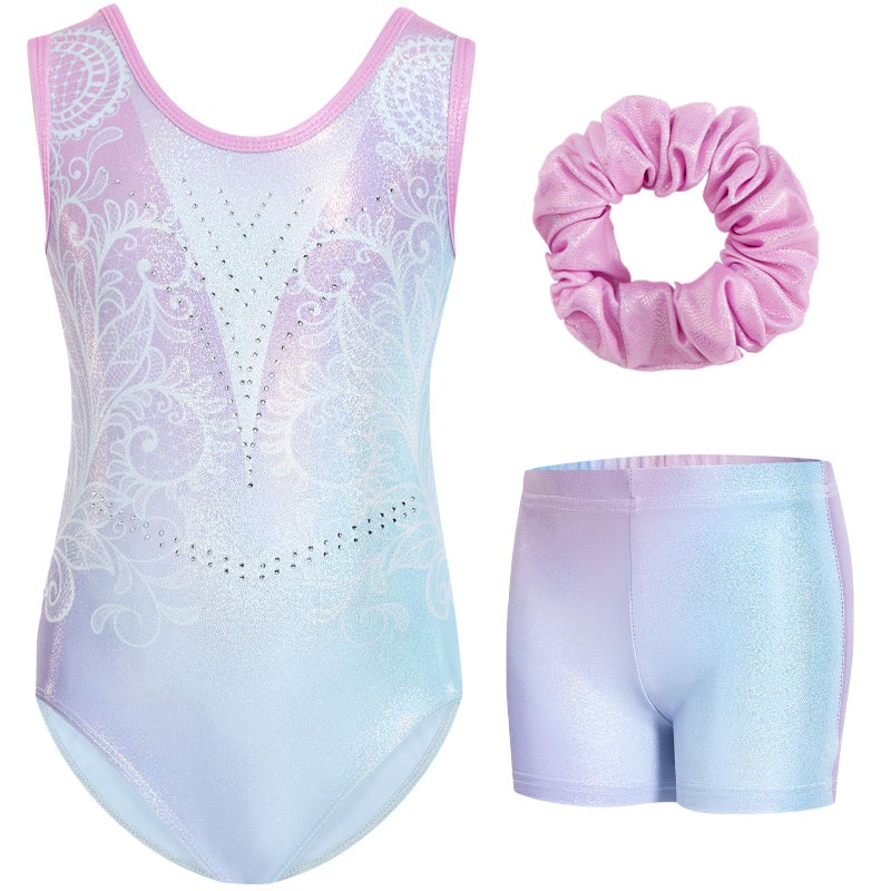 Gogokids Gymnastics Leotards for Girls Sparkly Rhinestone Dance Unitards Biketards with Shorts Activewear, Pink Blue, 9-10 Years - Image 1