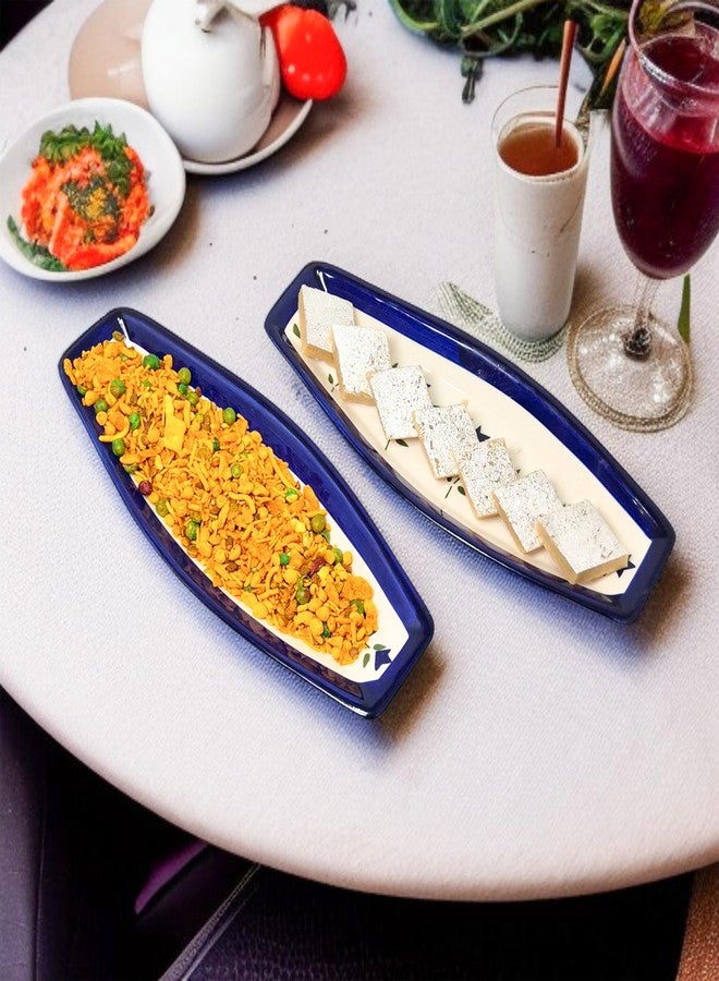VOIDROP Set of 2 Multi-Purpose Kitchen Serving Platter Ceramic Tray - Versatile for Snacks Tea Coffee Biscuit Namkeen to Serve to Your Guest (Blue) - Image 2