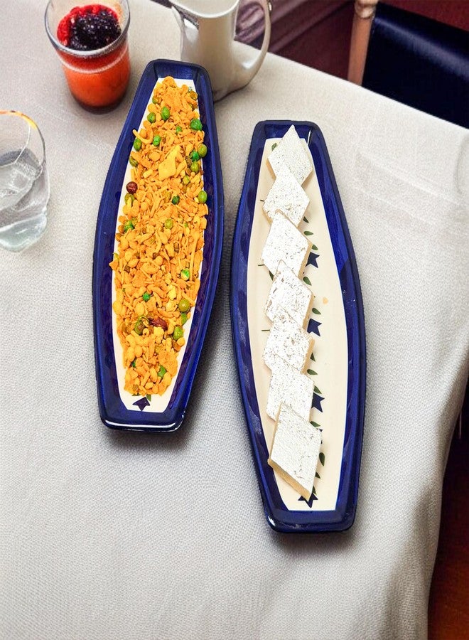 VOIDROP Set of 2 Multi-Purpose Kitchen Serving Platter Ceramic Tray - Versatile for Snacks Tea Coffee Biscuit Namkeen to Serve to Your Guest (Blue) - Image 1