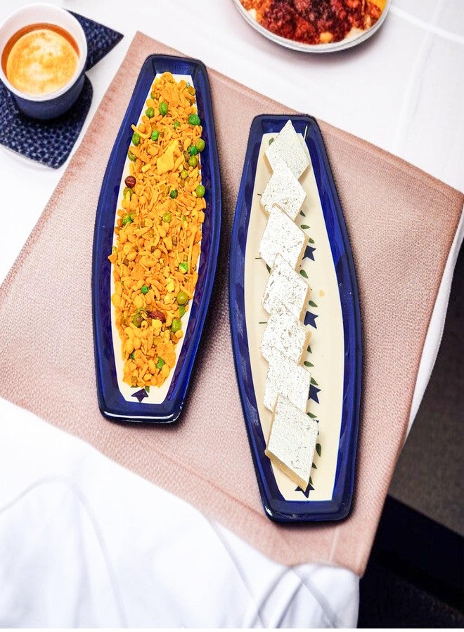 VOIDROP Set of 2 Multi-Purpose Kitchen Serving Platter Ceramic Tray - Versatile for Snacks Tea Coffee Biscuit Namkeen to Serve to Your Guest (Blue) - Image 5