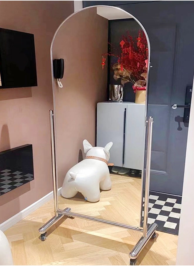 Multipurpose Use Moveable Arched Design Full Length Mirror Floor Standing Mirror Large Full Body Mirror Dressing Mirror Round Durable Stainless Steel Aluminum Frame Decorative Mirror with Wheels for Living Room Home Shops 60x40x166 cm