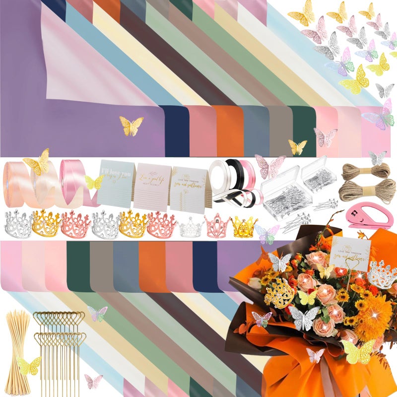 DNSGOOR 548Pcs Flower Wrapping Paper Kit with 200Sheets Double Sided Color Waterproof Bouquet Wrapping Paper Decor Crowns 3D Butterfly Bouquet Pins Ribbons for Valentines Graduation Birthday Party - Image 1