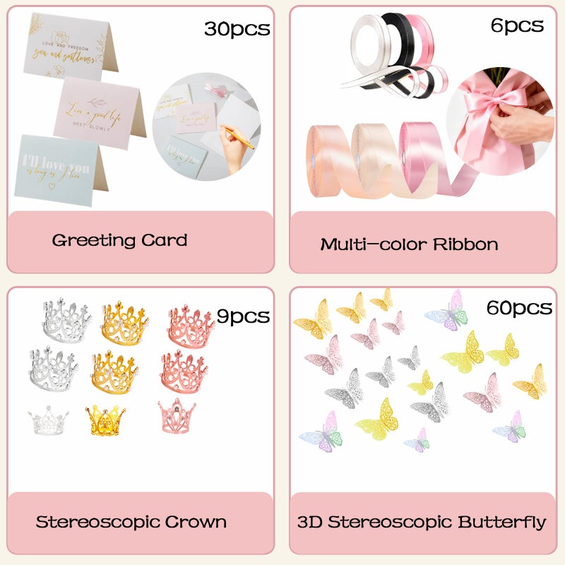DNSGOOR 548Pcs Flower Wrapping Paper Kit with 200Sheets Double Sided Color Waterproof Bouquet Wrapping Paper Decor Crowns 3D Butterfly Bouquet Pins Ribbons for Valentines Graduation Birthday Party - Image 5