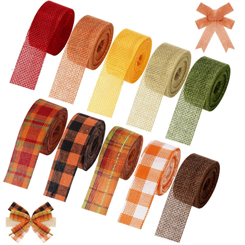 Whaline 10 Rolls 50 Yards Plaid Burlap Ribbon  1 Inch Fall Wrapping for Autumn Harvest Thanksgiving Wreath Decoration