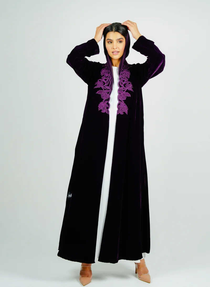 Rosette Abaya  velvet abaya with  embroidery on the neckline for Women | Best Price UAE