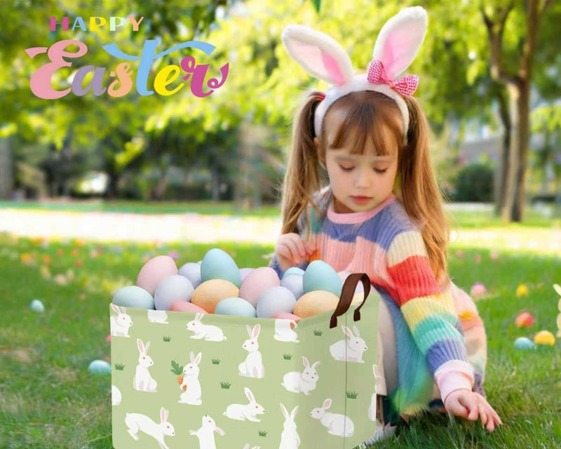 BOOHIT Large Easter Baskets Empty Boy Toy Storage Bin Girls collapsible kid Hamper Baby Waterproof Storage Box Spring Gifts Decor(White Rabbit Holding Carrot) - Image 5