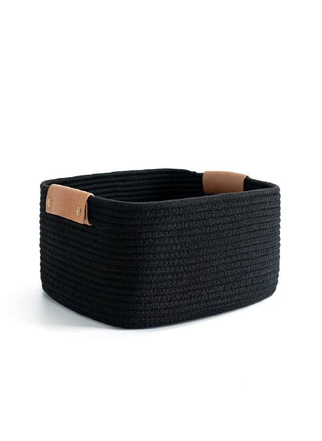 CHICVITA CHICVITA Rectangle Cotton Rope Woven Basket with Handles for Books, Magazines, Toys - Decorative Rectangle Basket for Baby Nursery, Living Room, Bathroom, Black  - Image 3
