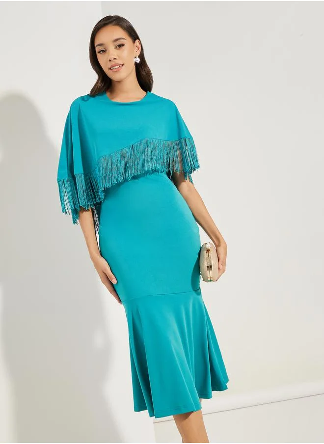 Styli Fringe Trim Cape Layer Mermaid Hem Midi Dress