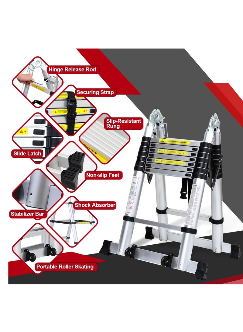 سلم قابل للطي بقضبان تلسكوبية من الألومنيوم ، سلم ألومنيوم غير قابل للانزلاق، سلم متعدد الوظائف، سلم قابل للتمديد بطول 5 متر وسعة تحميل 150 كيلوجرام - Image 3