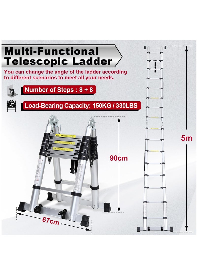 سلم قابل للطي بقضبان تلسكوبية من الألومنيوم ، سلم ألومنيوم غير قابل للانزلاق، سلم متعدد الوظائف، سلم قابل للتمديد بطول 5 متر وسعة تحميل 150 كيلوجرام - Image 2