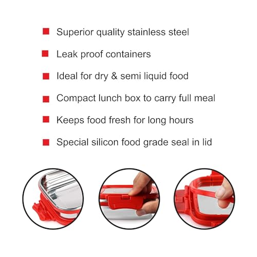 Foliam Leak Proof Click and Seal Lock Stainless Steel Storage/Air Tight Tiffin Container/Lunch Container (250+350 SQUARE S.S LID) - Image 5