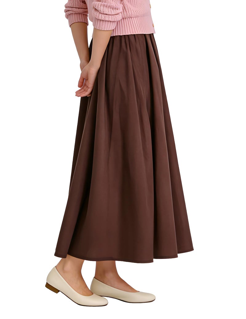 Soojun Women's Solid Cotton Linen Retro Vintage A-line Long Flowy Skirts, Coffee, Medium Petite - Image 2