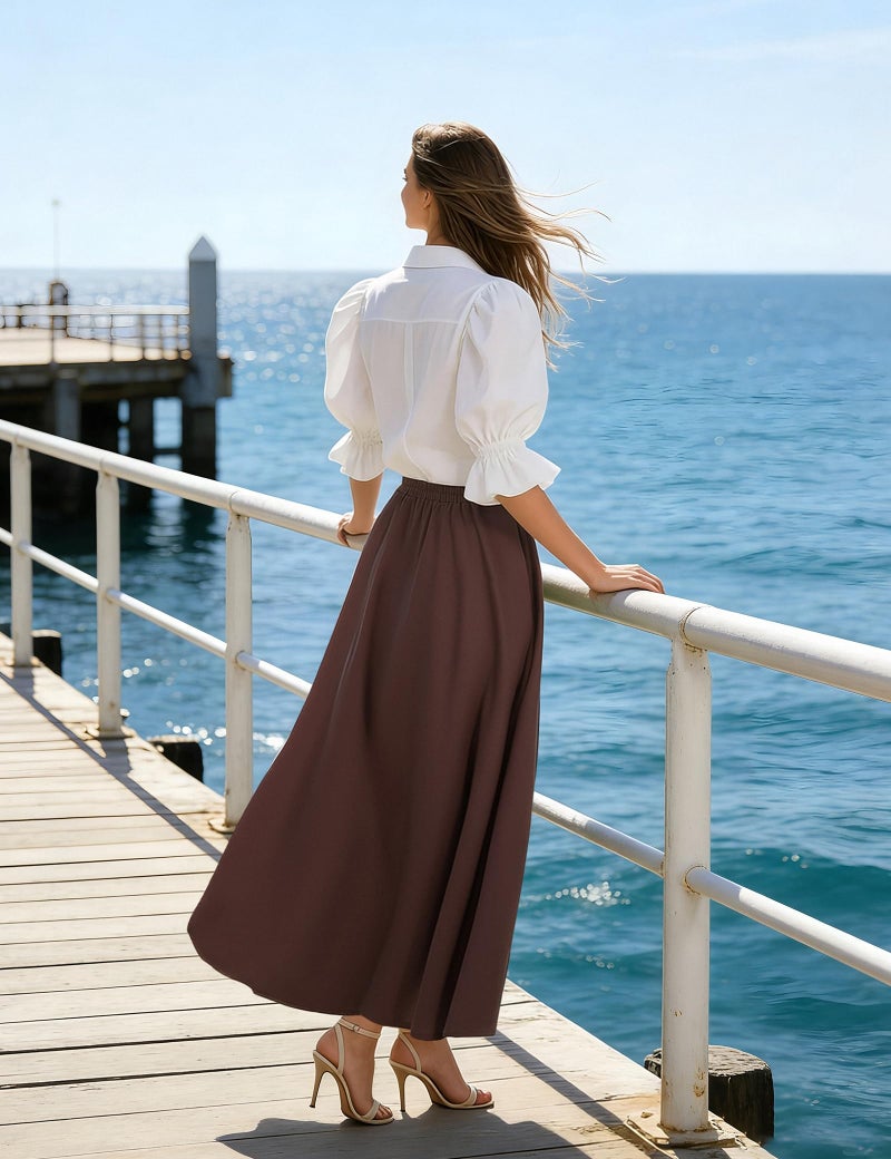 Soojun Women's Solid Cotton Linen Retro Vintage A-line Long Flowy Skirts, Coffee, Medium Petite - Image 5