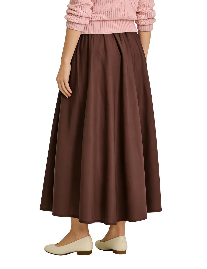 Soojun Women's Solid Cotton Linen Retro Vintage A-line Long Flowy Skirts, Coffee, Medium Petite - Image 3