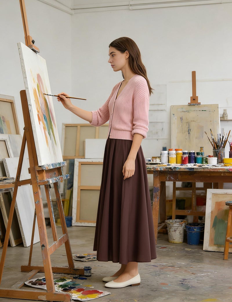 Soojun Women's Solid Cotton Linen Retro Vintage A-line Long Flowy Skirts, Coffee, Medium Petite - Image 4