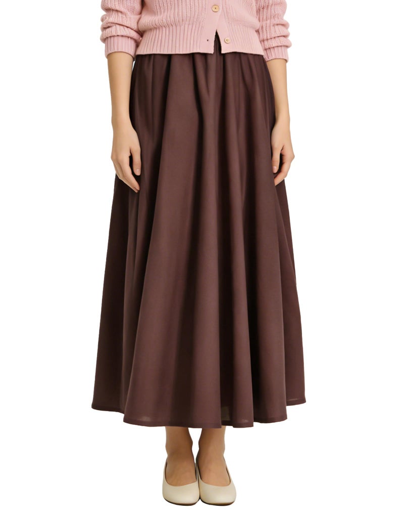 Soojun Women's Solid Cotton Linen Retro Vintage A-line Long Flowy Skirts, Coffee, Medium Petite - Image 1