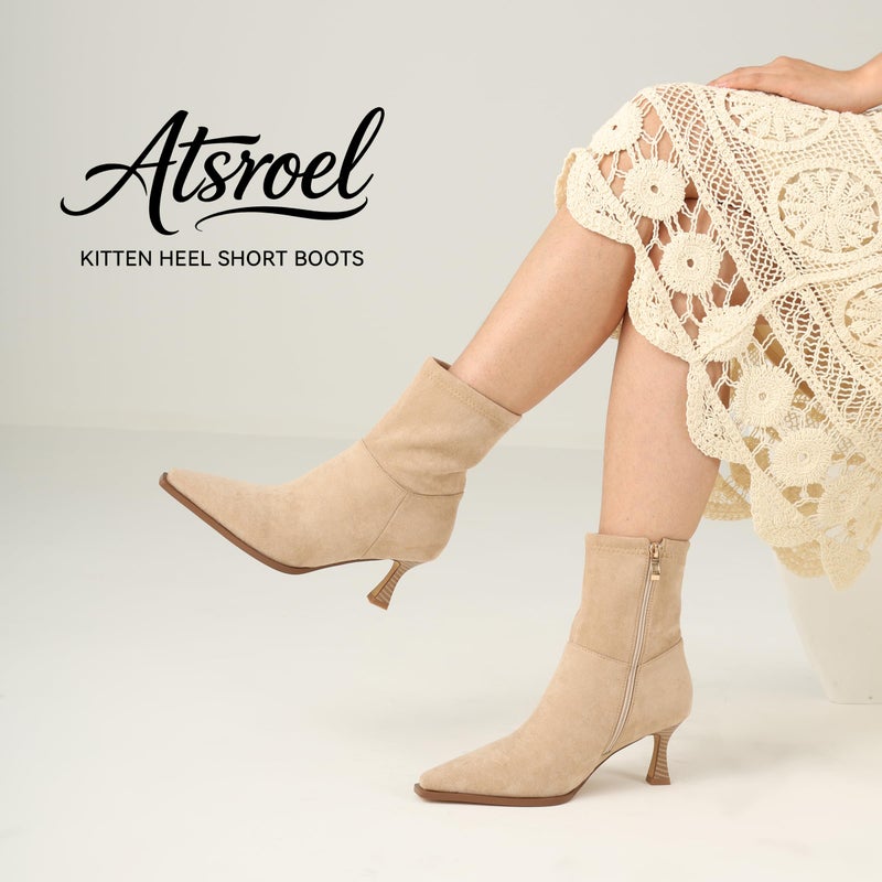 Atsroel Kitten Heel Ankle Boots For Women Pointed Toe Fall Booties Side Zip Dressy Short Booties Low Heel Beige Boots Size 7.5 - Image 5